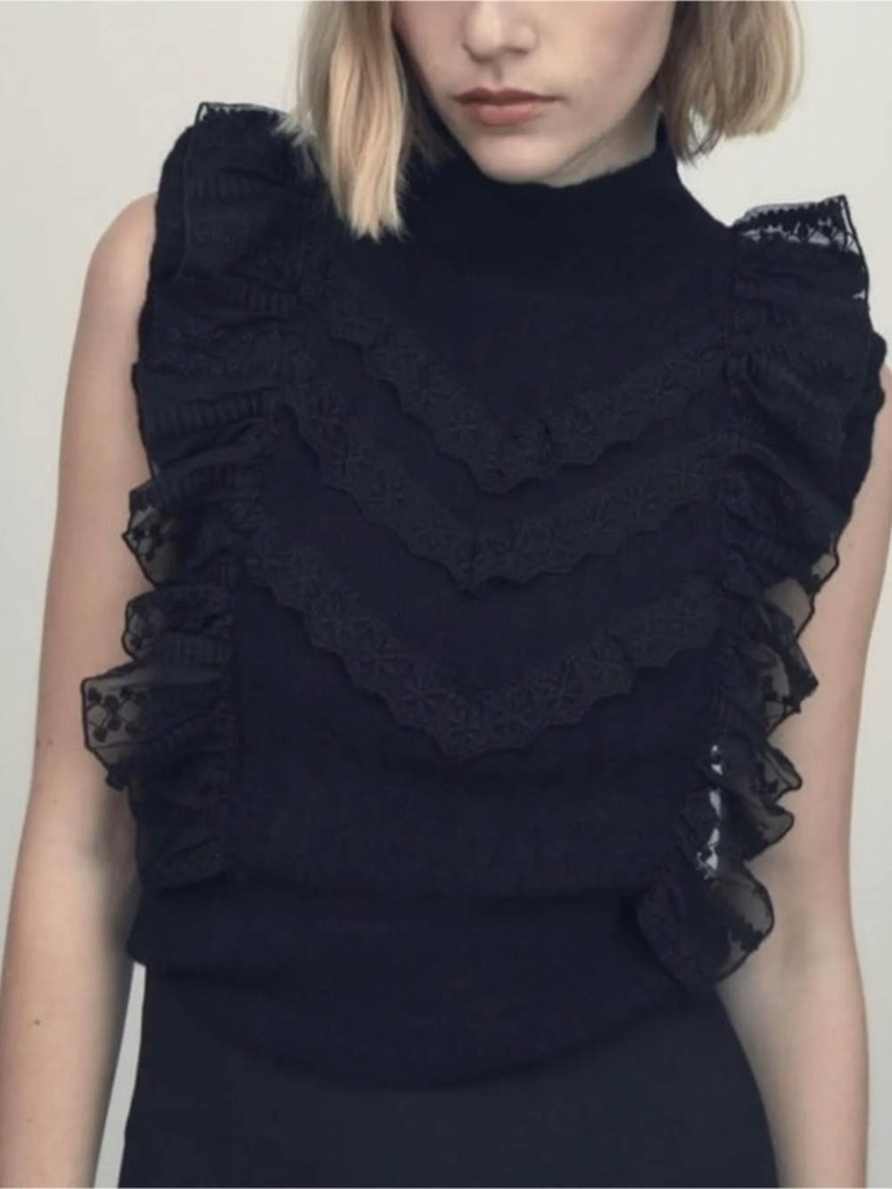 Zara Black Lace Ruffle Cotton Blend Knit Top Size S